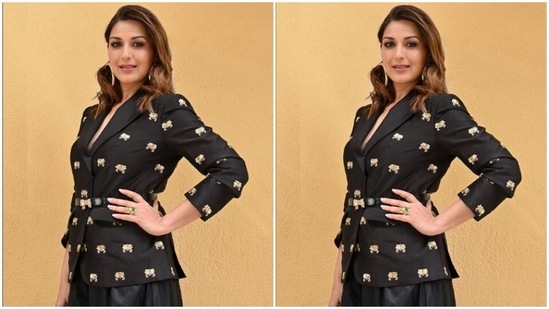 Sonali made her fans drool a few days back in a black co-ord set. Sonali paired a black blazer-style top with golden prints with a black flowy silk skirt.(Instagram/@iamsonalibendre)