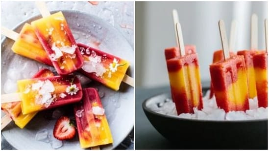 When life gives you mango and strawberry, make popsicles with it. Recipe inside(Pinterest)