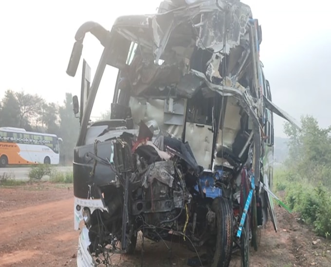 At least seven people have been killed in a ghastly accident on the Pune-Bengaluru National Highway when a private bus collided head on with a lorry carrying rice bags. (ANI Image) At least seven people have been killed in a ghastly accident on the Pune-Bengaluru National Highway when a private bus collided head on with a lorry carrying rice bags. (ANI Image)