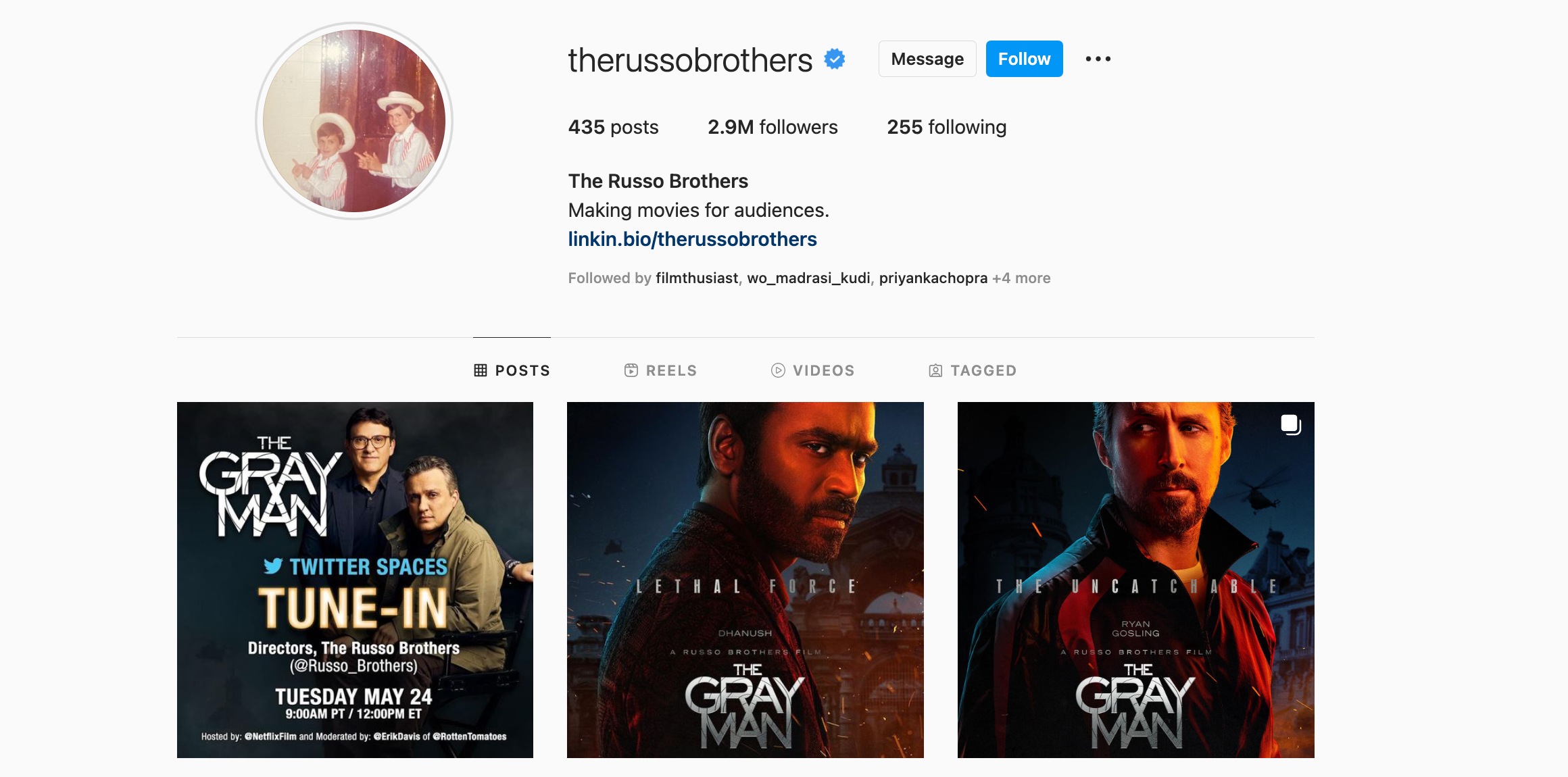 A screenshot of the Russos' Instagram page.