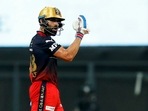 Virat Kohli celebrates his fifty against Gujarat Titans. (PTI) Virat Kohli celebrates his fifty against Gujarat Titans. (PTI)