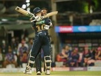 Miller and Pandya of Gujarat Titans hug each other after winning the Qualifier 1 against Rajasthan Royals(PTI) Miller and Pandya of Gujarat Titans hug each other after winning the Qualifier 1 against Rajasthan Royals(PTI)