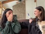 The woman reacts to her bestie telling her she too is pregnant in this pregnancy reveal video. (Instagram/@drecavaleri) The woman reacts to her bestie telling her she too is pregnant in this pregnancy reveal video. (Instagram/@drecavaleri)