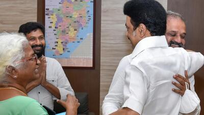 An image of Tamil Nadu chief minister MK Stalin hugging Rajiv Gandhi’s assassination convict AG Perarivalan at the Chennai airport after the latter’s release from jail went viral on social media, triggering a political controversy. (PTI) An image of Tamil Nadu chief minister MK Stalin hugging Rajiv Gandhi’s assassination convict AG Perarivalan at the Chennai airport after the latter’s release from jail went viral on social media, triggering a political controversy. (PTI)