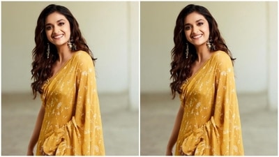 In yellow and silver jhumkas and a ring from the house of Sheetal Zaveri, Keerthy aptly accessorised her look. (Instagram/@keerthysureshofficial)