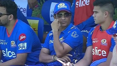 Sachin Tendulkar with son Arjun in the Mumbai Indians dugout