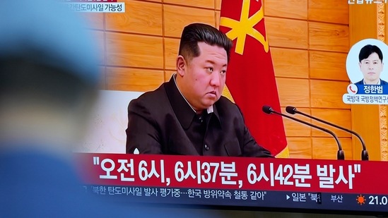 A TV screen shows a news program reporting about North Korea's missile launch with a file footage of North Korean leader Kim Jong Un, at a train station in Seoul, South Korea, Wednesday. (AP)