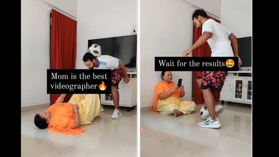 The man does football tricks while his mom shoots the video.&nbsp;(aarishfreestyle/Instagram)