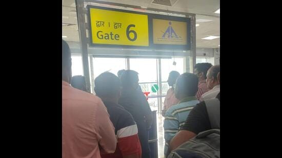 Passengers are seen gathered at Gate no.6 at Pune airport on Wednesday. (HT PHOTO) Passengers are seen gathered at Gate no.6 at Pune airport on Wednesday. (HT PHOTO)