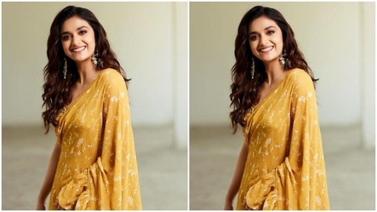 In yellow and silver jhumkas and a ring from the house of Sheetal Zaveri, Keerthy aptly accessorised her look.(Instagram/@keerthysureshofficial)