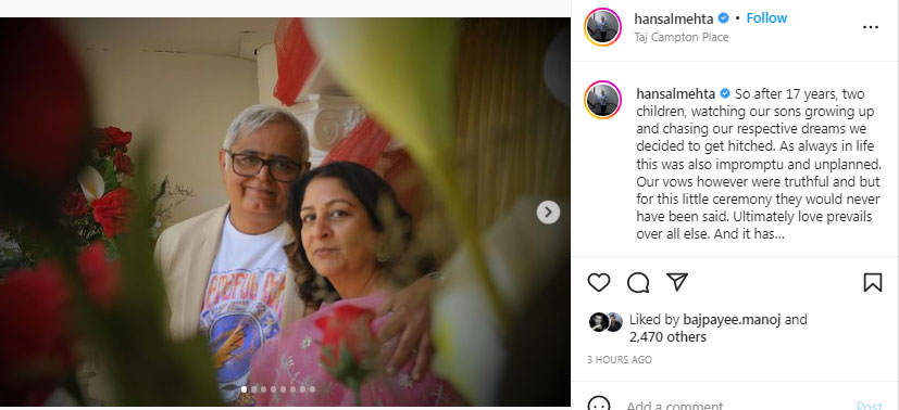 Hansal Mehta announced his wedding on Instagram.&nbsp;