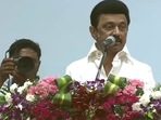 Tamil Nadu chief minister MK Stalin addresses an event in Chennai on Thursday. (ANI Twitter)
