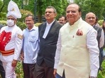 Lt Governor of Delhi Vinai Kumar Saxena with chief justice of Delhi high court Vipin Sanghi and Delhi CM Arvind Kejriwal at the Raj Niwas on Thursday.