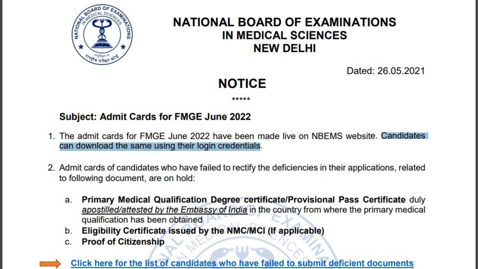 FMGE admit card June 2022 released at natboard.edu.in, direct link here