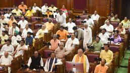 Uttar Pradesh finance minister Suresh Khanna presenting the Uttar Pradesh budget for 2022-23 in the state assembly in Lucknow on Thursday. (Deepak Gupta/HT Photo)