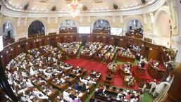 A view of the state assembly during the presentation of the Uttar Pradesh budget in Lucknow on Thursday. (Deepak Gupta/HT Photo)