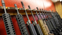 FILE - In this July 20, 2012, photo, a row of different AR-15 style rifles are displayed for sale in Aurora, Colorado. (AP Photo/Alex Brandon, File)
