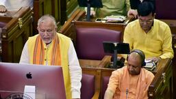 The state’s finance minister Suresh Khanna presents the Uttar Pradesh budget in the state assembly in Lucknow on Thursday. (ANI PHOTO)