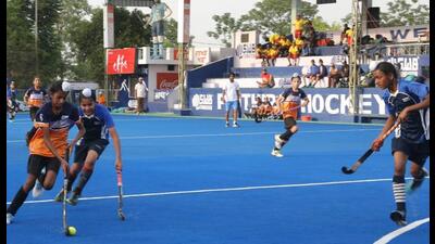 Players in action at semi-finals match of Olympian Prithipal Singh Hockey Festival being held in Ludhiana. (HT PHOTO) Players in action at semi-finals match of Olympian Prithipal Singh Hockey Festival being held in Ludhiana. (HT PHOTO)