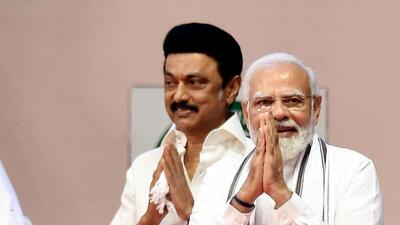 Prime Minister Narendra Modi with Tamil Nadu chief minister MK Stalin in Chennai on Thursday, May 26, 2022. (PTI) Prime Minister Narendra Modi with Tamil Nadu chief minister MK Stalin in Chennai on Thursday, May 26, 2022. (PTI)