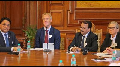 From left) Maan Singh Sidhu, coordinator of the project NordicsInIndia; Arne Jan Flølo, consul general of Norway, Mumbai; Karbhari Kale, SPPU V-C and Anna Lekvall, consul general of Sweden, on the first day of the ‘Indo-Nordic circular economy and bio-economy workshop, held at SPPU on Thursday. (Ravindra Joshi/HT Photo)