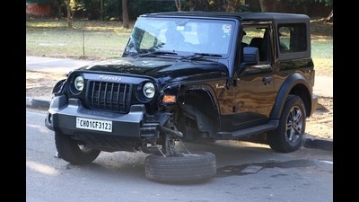 In an attempt to escape, the Thar driver sped up, dragging the victim and his scooter along for nearly 500 metres before the vehicle’s front wheel broke, forcing it to stop, said Chandigarh Police. (Keshav Singh/HT)