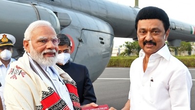 PM Modi being received by Tamil Nadu chief minister MK Stalin in Chennai. (ANI) PM Modi being received by Tamil Nadu chief minister MK Stalin in Chennai. (ANI)