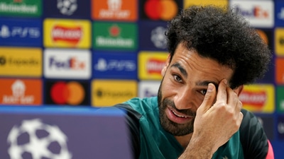 Liverpool's Mohamed Salah during a press conference ahead of the Champions League final at the training centre in Liverpool (AP)