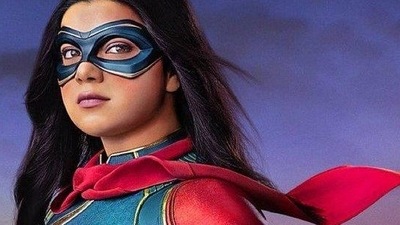 Iman Vellani in a poster of Ms Marvel. Iman Vellani in a poster of Ms Marvel.