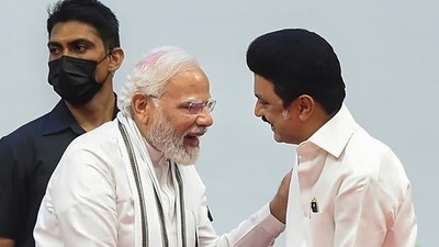 Prime Minister Narendra Modi greets Tamil Nadu chief minister MK Stalin during a ceremony at Jawaharlal Nehru Stadium in Chennai, Prime Minister Narendra Modi greets Tamil Nadu chief minister MK Stalin during a ceremony at Jawaharlal Nehru Stadium in Chennai, 
