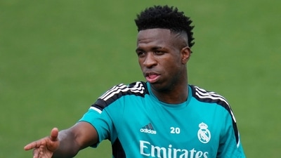 Real Madrid's Vinicius Junior gestures during a Media Opening day training session in Madrid, Spain. (AP) Real Madrid's Vinicius Junior gestures during a Media Opening day training session in Madrid, Spain. (AP)