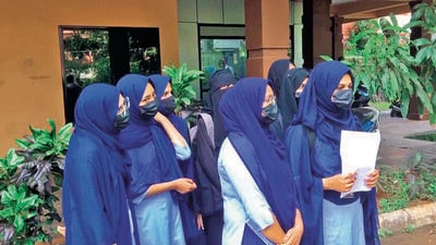The hijab controversy resurfaced in Karnataka’s Mangaluru district on Thursday, with a degree college in the city issuing a ban on hijab or a headscarf inside the campus. (ANI) The hijab controversy resurfaced in Karnataka’s Mangaluru district on Thursday, with a degree college in the city issuing a ban on hijab or a headscarf inside the campus. (ANI)