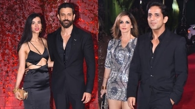 Saba Azad, Hrithik Roshan and Sussanne Khan with Arslan Goni at Karan Johar's birthday bash. (Varinder Chawla) Saba Azad, Hrithik Roshan and Sussanne Khan with Arslan Goni at Karan Johar's birthday bash. (Varinder Chawla)