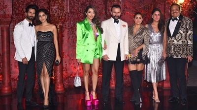 Shahid Kapoor with Mira Rajput and Saif Ali Khan with Malaika Arora, Saif Ali Khan and Kareena Kapoor at Karan Johar's birthday bash. (Varinder Chawla) Shahid Kapoor with Mira Rajput and Saif Ali Khan with Malaika Arora, Saif Ali Khan and Kareena Kapoor at Karan Johar's birthday bash. (Varinder Chawla)