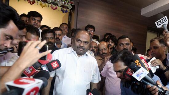 Shiv Sena leader and transport minister Anil Parab speaking to reporters on Thursday. Bhushan Koyande/HT Photo