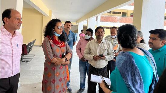 UT secretary, education, Purva Garg, along with director school education Harsuhinder Pal Singh Brar, UT chief engineer CB Ojha and other officials, visited five schools on Thursday. (HT Photo)