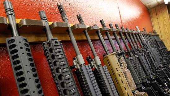 FILE - In this July 20, 2012, photo, a row of different AR-15 style rifles are displayed for sale in Aurora, Colorado. (AP Photo/Alex Brandon, File)(AP)
