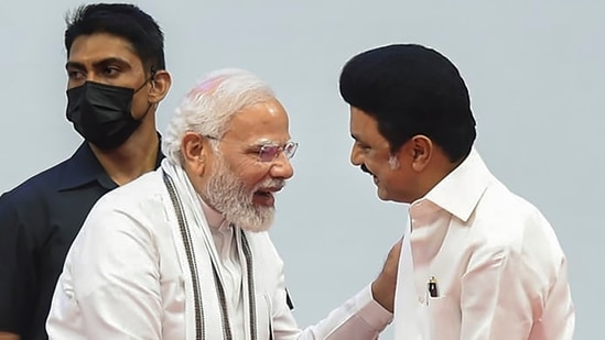 Prime Minister Narendra Modi greets Tamil Nadu chief minister MK Stalin during a ceremony at Jawaharlal Nehru Stadium in Chennai, (PTI) Prime Minister Narendra Modi greets Tamil Nadu chief minister MK Stalin during a ceremony at Jawaharlal Nehru Stadium in Chennai, (PTI)