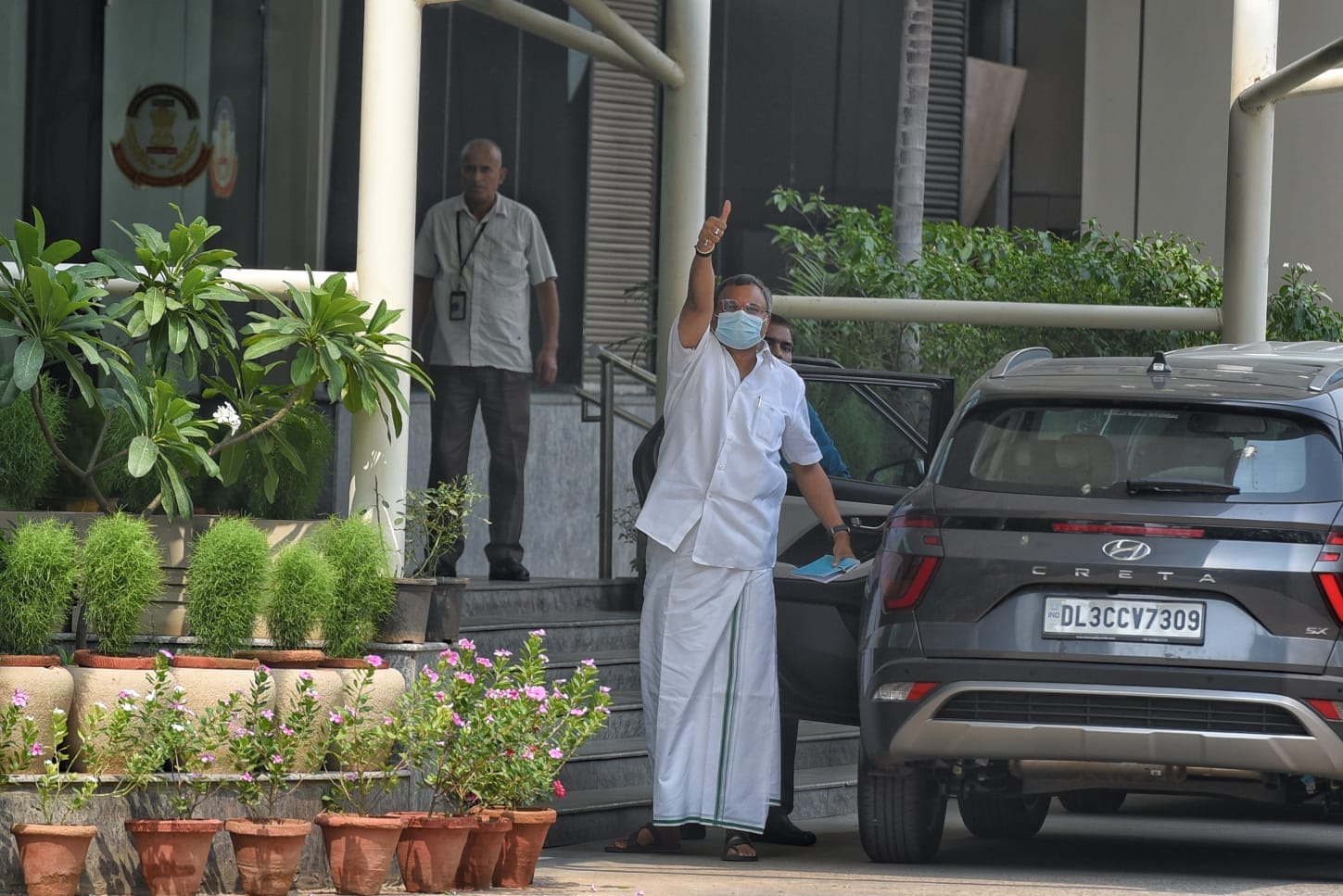 Congress leader Karti Chidambaram outside the CBI headquarters in New Delhi on Thursday. (Sanchit Khanna/ HT Photo)