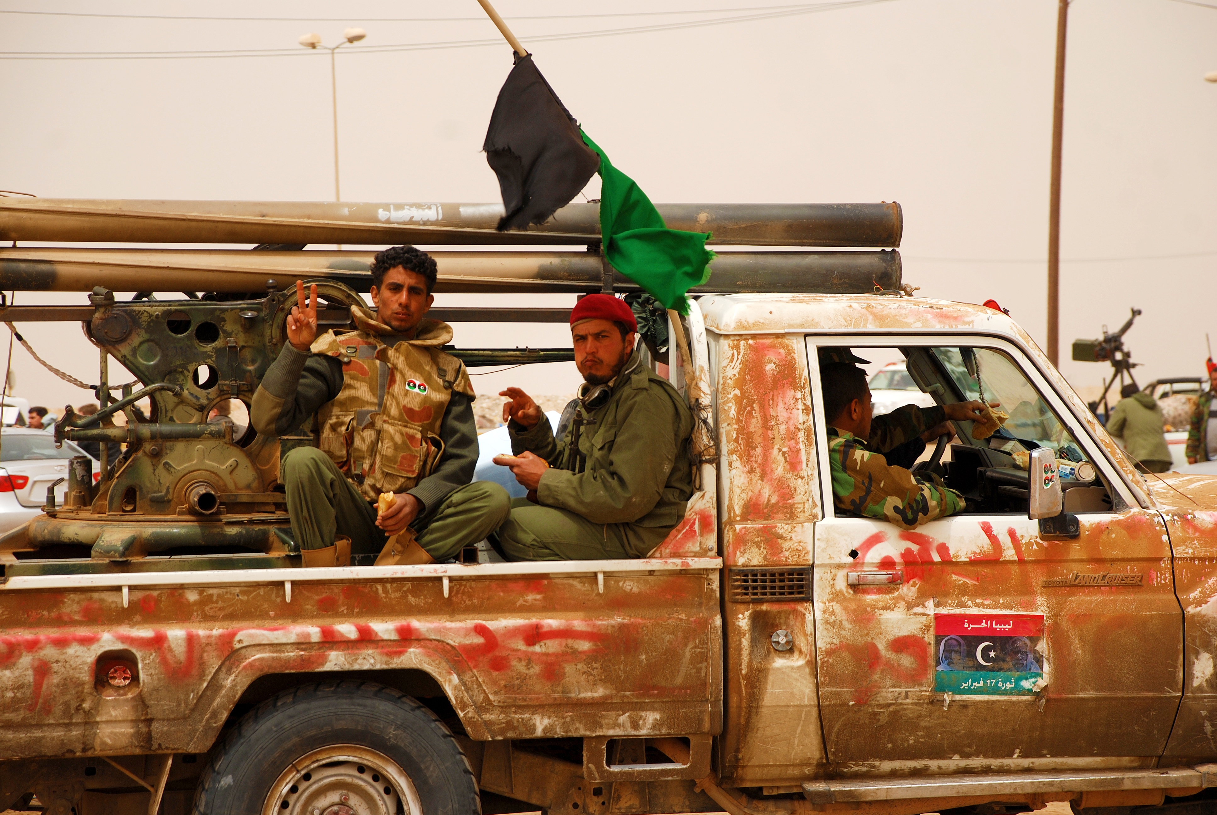 Libyan rebels travel to a battle line to fight Colonel Muammar Gaddafi’s army on April 7, 2011. (Shutterstock)