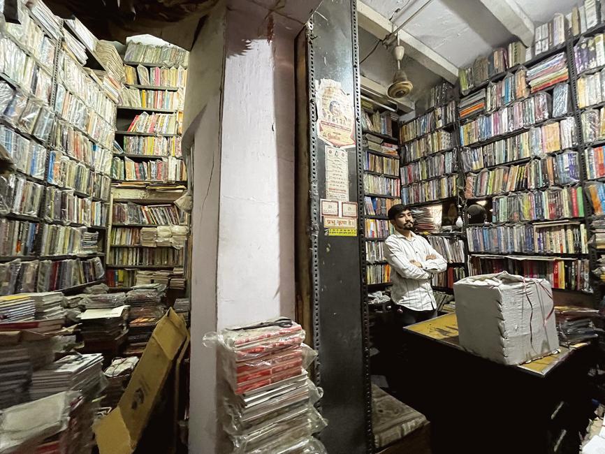 The bookstore, called Akhil Bharti, opens at 8 in the morning but there is no closing time. The bookstore, called Akhil Bharti, opens at 8 in the morning but there is no closing time.