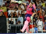 Jos Buttler of Rajasthan Royals celebrates his century during the Indian Premier League 2022 Qualifier 2(PTI)