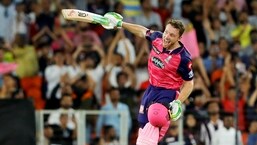 Jos Buttler of Rajasthan Royals celebrates his century during the Indian Premier League 2022 Qualifier 2(PTI)