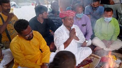 The former BJP MLA made news last October when he shaved his head, took a dip in the Ganga and offered prayers at a temple in West Bengal’s Kalighat saying he was performing an act of penance before joining the Trinamool Congress in Agartala, in the presence of TMC general secretary Abhishek Banerjee. (ANI PHOTO.) The former BJP MLA made news last October when he shaved his head, took a dip in the Ganga and offered prayers at a temple in West Bengal’s Kalighat saying he was performing an act of penance before joining the Trinamool Congress in Agartala, in the presence of TMC general secretary Abhishek Banerjee. (ANI PHOTO.)