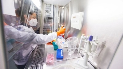 An employee works on a vaccine based on the monkeypox vaccine that has already been developed by the vaccine company Bavarian Nordic at a laboratory of the company in Martinsried near Munich, Germany. (REUTERS)