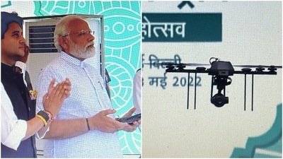 PM Narendra Modi tried his hand at flying a drone during the inauguration of two-day Bharat Drone Mahotsav 2022 at Pragati Maidan in Delhi (Twitter/ANI) PM Narendra Modi tried his hand at flying a drone during the inauguration of two-day Bharat Drone Mahotsav 2022 at Pragati Maidan in Delhi (Twitter/ANI)