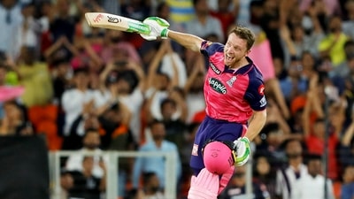 Jos Buttler of Rajasthan Royals celebrates his century during the Indian Premier League 2022 Qualifier 2 (PTI) Jos Buttler of Rajasthan Royals celebrates his century during the Indian Premier League 2022 Qualifier 2 (PTI)