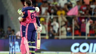 Shimron Hetmyer and Jos Buttler of Rajasthan Royals celebrate their win in the Indian Premier League 2022 Qualifier 2 (PTI) Shimron Hetmyer and Jos Buttler of Rajasthan Royals celebrate their win in the Indian Premier League 2022 Qualifier 2 (PTI)
