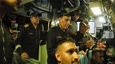 Rajnath Singh takes sea sortie in INS Khanderi Submarine in Arabian Sea. (Twitter/ANI) Rajnath Singh takes sea sortie in INS Khanderi Submarine in Arabian Sea. (Twitter/ANI)