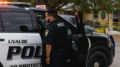 UVALDE, TX - MAY 24: Uvalde Police gather outside the home of suspected gunman 18-year-old Salvador Ramos on May 24, 2022 in Uvalde, Texas. (AFP) UVALDE, TX - MAY 24: Uvalde Police gather outside the home of suspected gunman 18-year-old Salvador Ramos on May 24, 2022 in Uvalde, Texas. (AFP)